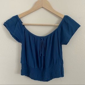 Active USA • Ruched Off-Shoulder Blue Peplum Crop Top